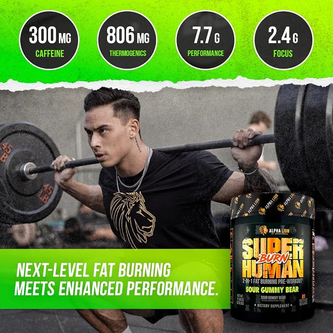 ALPHA LION Superhuman Burn, 2 in 1 Metabolism Booster Pre Workout and Men's Thermogenic Fat Burner, Sour Gummy Bear (Hulk Juice), Package Varies