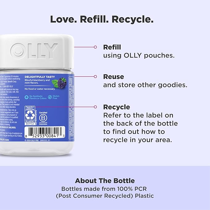 OLLY Extra Strength Sleep Gummy, Occasional Sleep Support, 5 mg Melatonin, L-Theanine, Chamomile, Lemon Balm Extracts, Sleep Aid, Blackberry Flavor - 70 Count (Packaging May Vary)