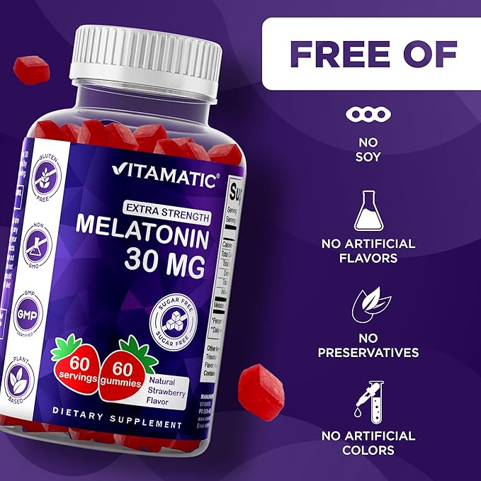 Vitamatic Sugar Free Melatonin 30mg per Gummy - 60 Servings - 60 Vegetarian Gummies - Non-Habit Forming Supplement (60 Count (Pack of 2))