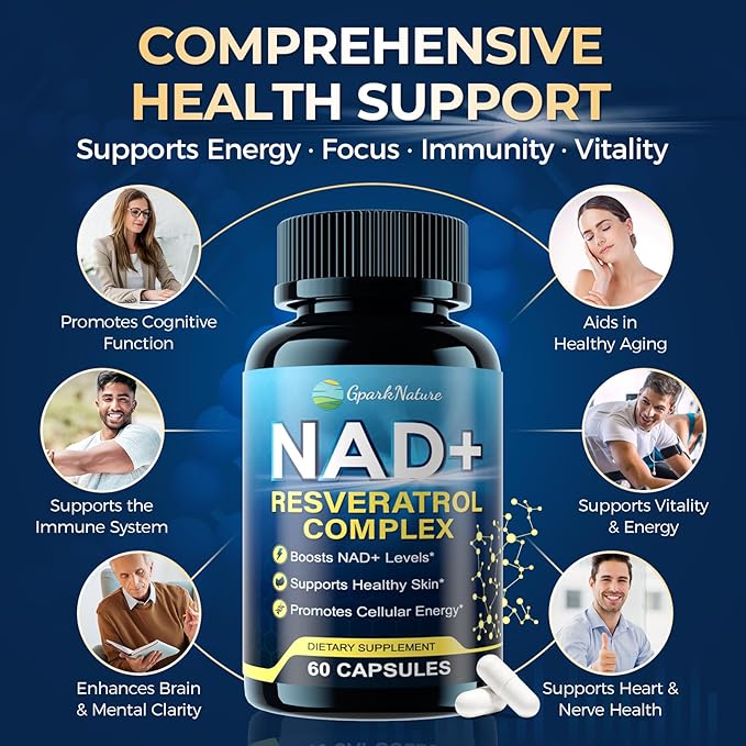 NAD+ Supplement - NAD Supplements for Women & Men - Liposomal NAD+ Resveratrol Complex with Urolithin A, CoQ10 - Boosts NAD+ Levels, Cellular Energy & Healthy Skin - Third-Party Tested - 60 Capsules