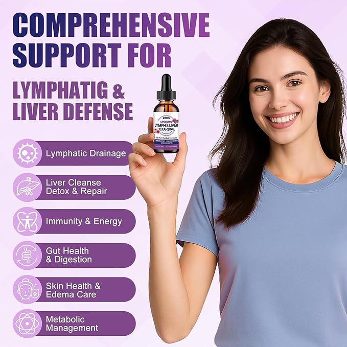 Liposomal Lymphatic Drainage Drops, 26 in 1 Liver Cleanse Detox & Repair with Milk Thistle, Echinacea, Glutathione, Vitamins, Lymph-Liver Cleanse, Gut & Metabolic Health - Strawberry Flavor, 4 Fl Oz