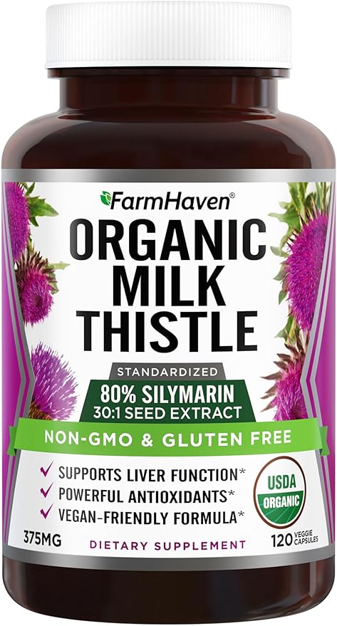 FarmHaven USDA Organic Milk Thistle Capsules | 30X Concentrated Seed Extract & 80% Silymarin Standardized - Supports Liver Function and Overall Health | Non-GMO | 120 Vegan Capsules