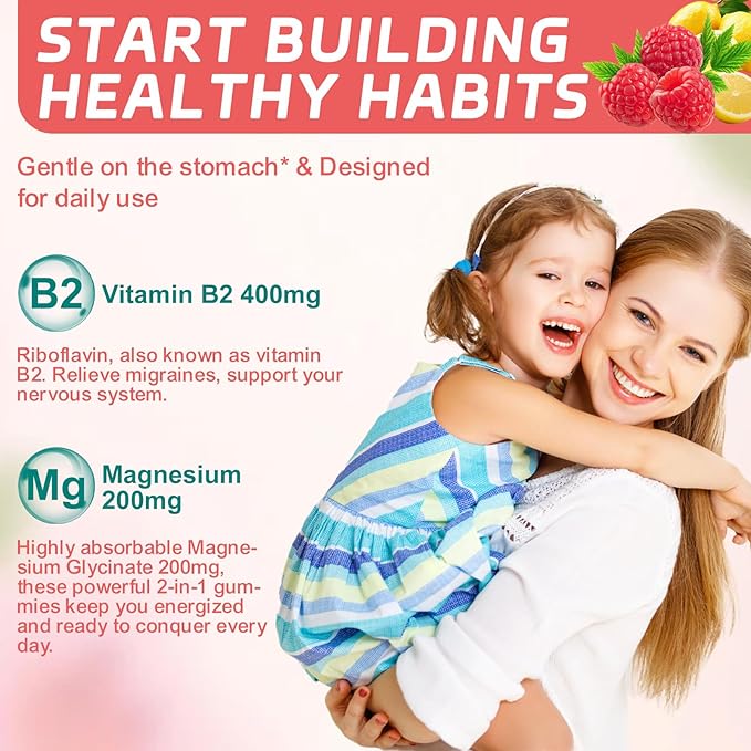 2 Pack Vitamin B2 Gummies - Riboflavin 400mg Supplement with Magnesium for Adults, B2 Gummies for Migraine Relief* & Nervous System Support* - Vegan, Sugar-Free, Raspberry-Lemon Flavor, 120 Count