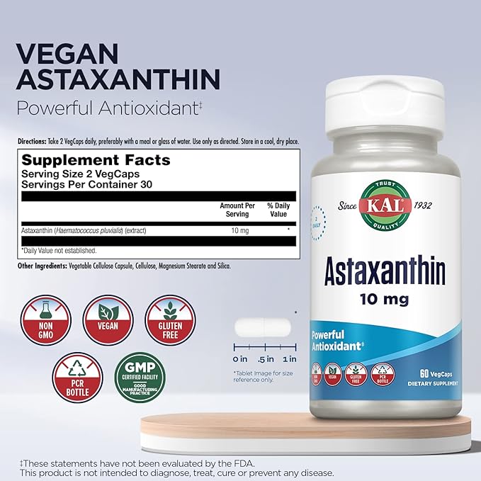KAL Astaxanthin 10mg, Powerful Antioxidants Supplement, Eye Health and Brain Supplement, From Natural Plant Source, Non-GMO, Vegan, Gluten Free, 30 Servings, 60 VegCaps
