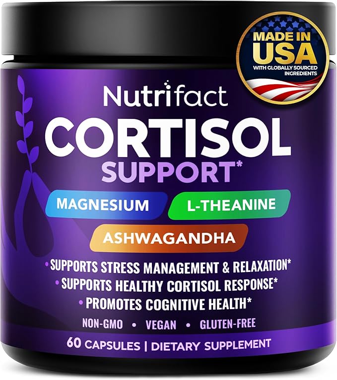 Cortisol Supplements for Women & Men - Vegan, Non-GMO, Made in USA Cortisol Reducer, Manager with Magnesium Ashwagandha L Theanine, Vitamin B Complex for Sleep Support - 60 Capsules