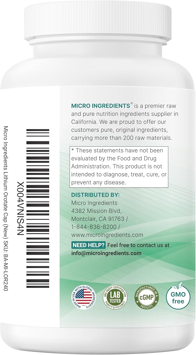 Micro Ingredients Lithium Orotate 5mg, 240 Vegetarian Capsules | 5mg Per Serving | Elemental Lithium Trace Mineral | Stable Low-Dose Orotate Form | Non-GMO, Filler Free