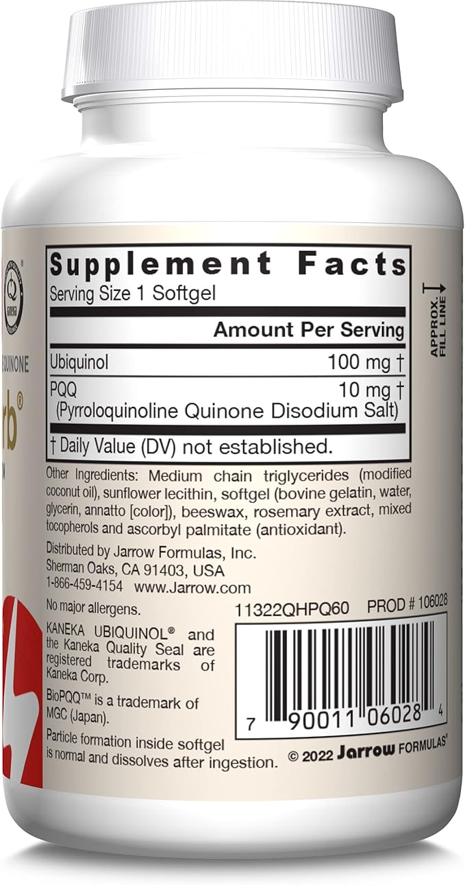 Jarrow Formulas® QH-Absorb® + PQQ, Dietary Supplement, Antioxidant Support for Mitochondrial Biogenesis, Cellular Energy Production and Cardiovascular Health, 60 Softgels, 60 Day Supply