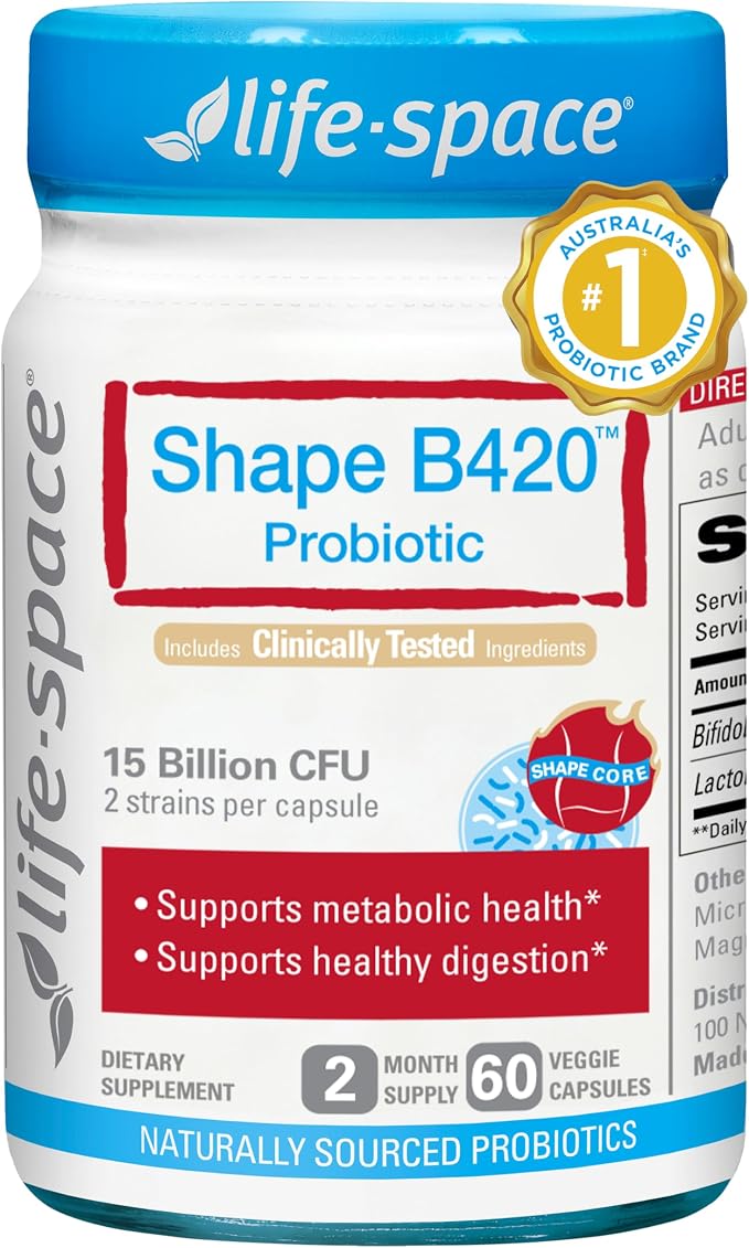 Life-Space Shape B420 Probiotics for Shape Better, GLP-1 Boost, 2 Month Serving, Clinically Backed Metabolism Support, Prebiotic + Probiotic for Women and Men, 60 Vegetarian Capsules