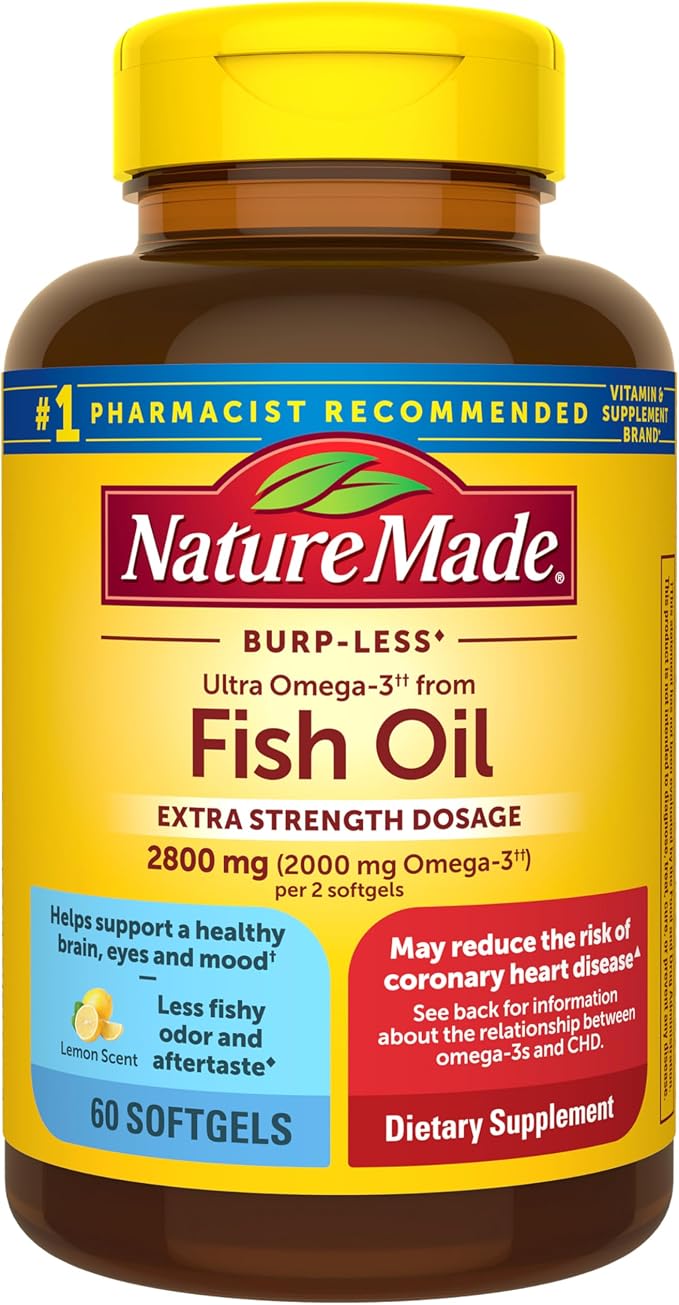 Nature Made Extra Strength Omega 3 Fish Oil Supplements, 2800mg, Fish Oil Omega 3 Supplements as Ethyl Esters for Healthy Heart, Brain, Eyes, Mood Support, 60 Softgels, 30 Day Supply