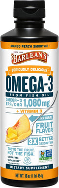 Barlean's Omega 3 Fish Oil Liquid Supplement with Vitamin D for Men and Women, 1080mg of EPA and DHA Fatty Acid, Promotes Brain & Heart Health - Non-GMO, Mango Peach, 16 oz