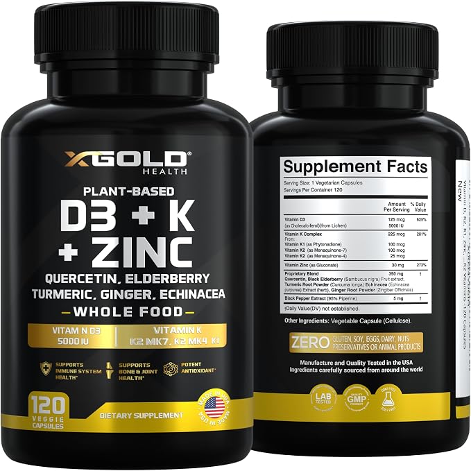 Vitamin D, K2, K1, Zinc, Quercetin, Elderberry, Turmeric, Ginger & Echinacea Whole Food Supplement 8 in 1- D3 5000 IU Plant-Based from Lichen, Vitamin K (K2 MK7, MK4, K1), D3 K2 Vitamins -120 Capsules