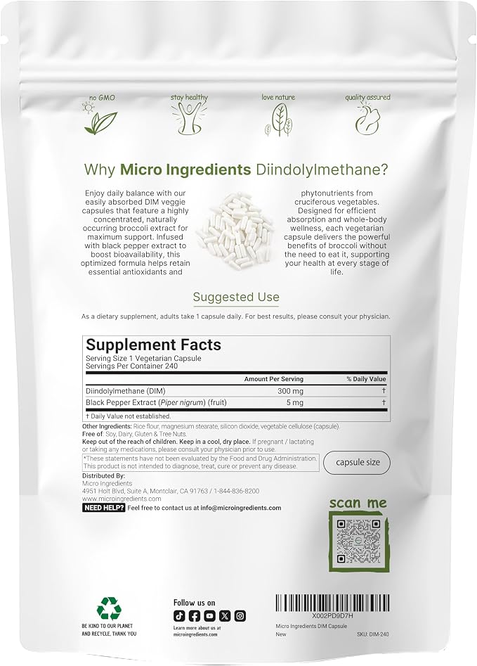 DIM Active Supplement, DIM 300mg, 240 Veggie Capsules (8-Month Supply), 2 in 1 Formula, Estrogen Metabolism, Premium DIM-Plus Broccoli Extract Supplement With Black Pepper for Better Absorption