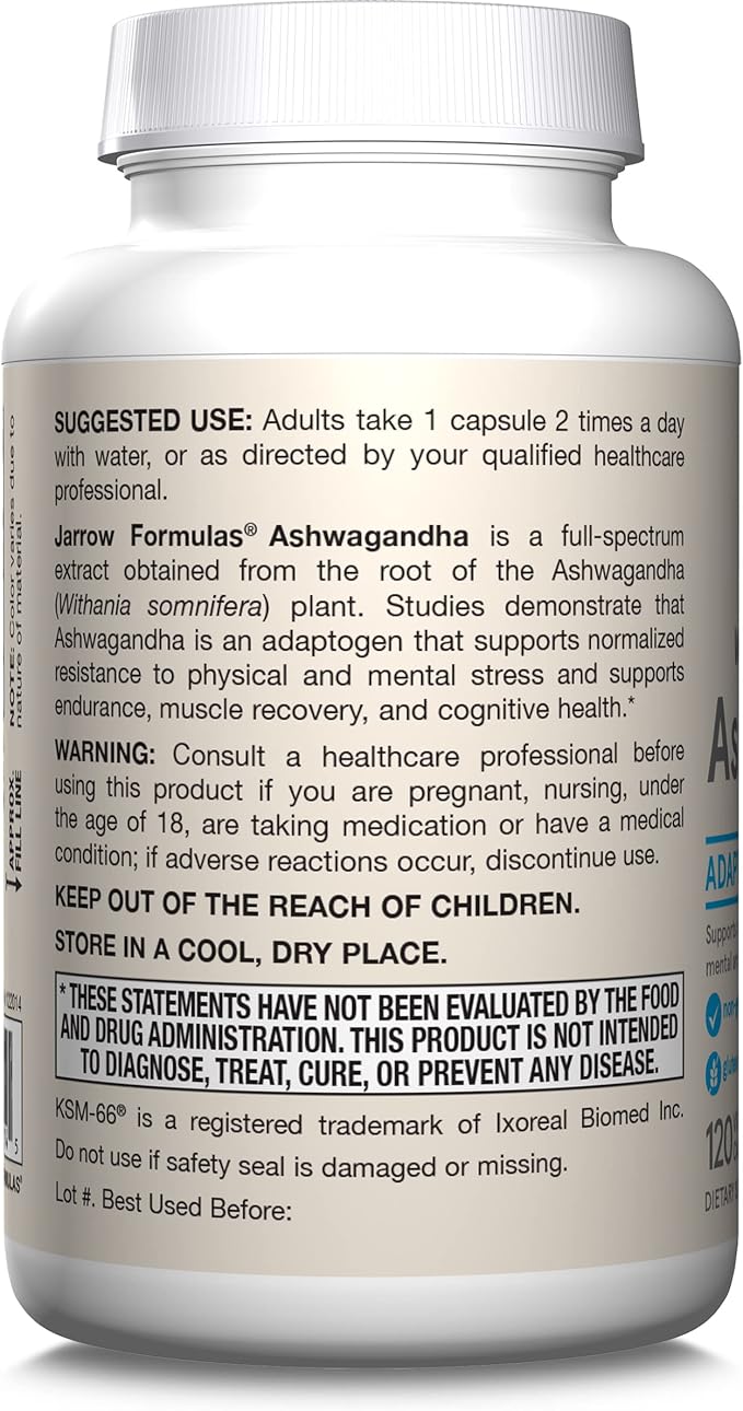 Jarrow Formulas Ashwagandha Capsules, 300 mg Supplement Supports Normalized Resistance to Mental and Physical Stress, 120 Veggie Capsules, 60 Day Supply