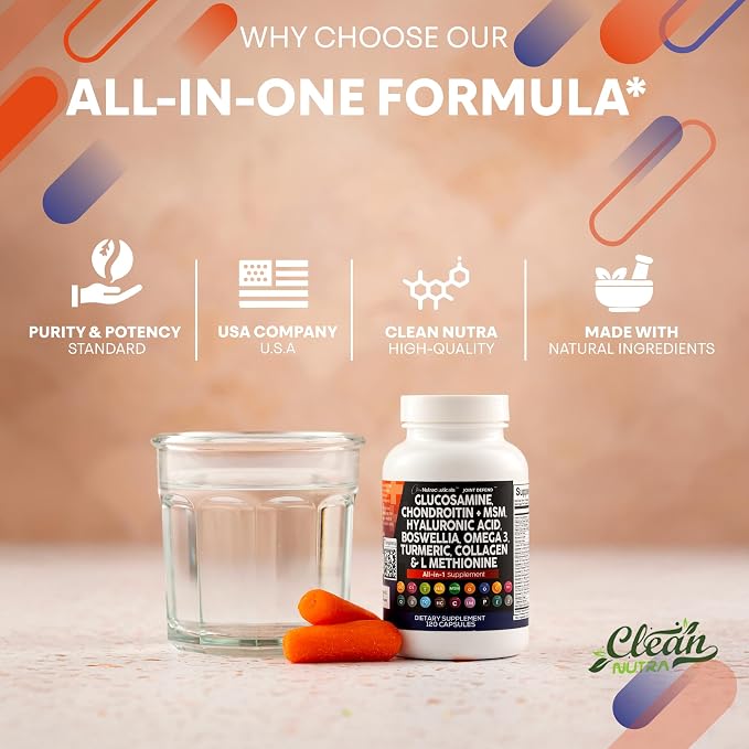 Clean Nutraceuticals Glucosamine Chondroitin MSM 1500mg with Turmeric Curcumin, Collagen, Hyaluronic Acid, Omega 3 – Joint Health Supplement for Men & Women (120 Count (Pack of 2))