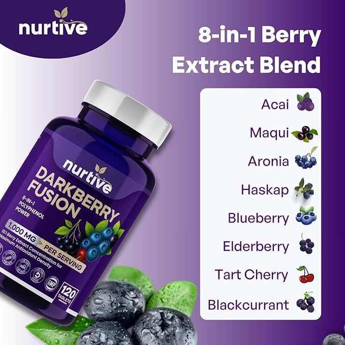 Darkberry Fusion Tablets – 1000 mg – 120 Tablets – 2 Tablets Per Day, 2-Month Supply – 8-Berry Blend with Maqui, Haskap, Aronia, Blueberry, Tart Cherry, Blackcurrant, Acai & Elderberry