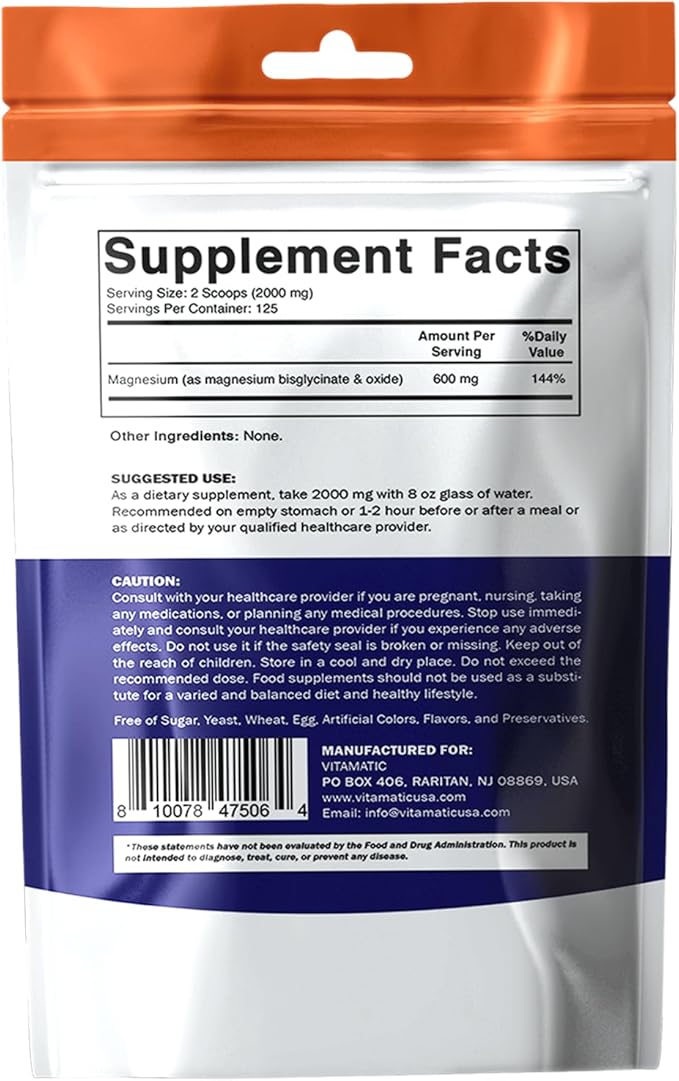 Vitamatic Magnesium (from Bisglycinate & Oxide) - Supports Muscle, Joint, and Heart Health 250 Grams - 125 Servings