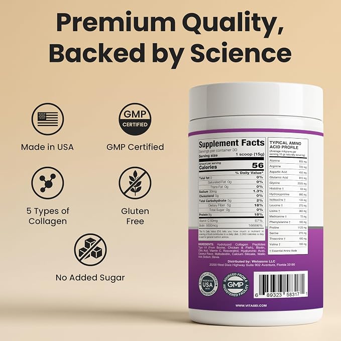VITASEI Hydrolyzed Collagen Peptides Powder with Resveratrol & Vitamin C – Hair, Skin & Joint Support – Colágeno Hidrolizado for Women & Men – Soy-Based Formula – Coconut Flavor, 16 oz (30 Servings)