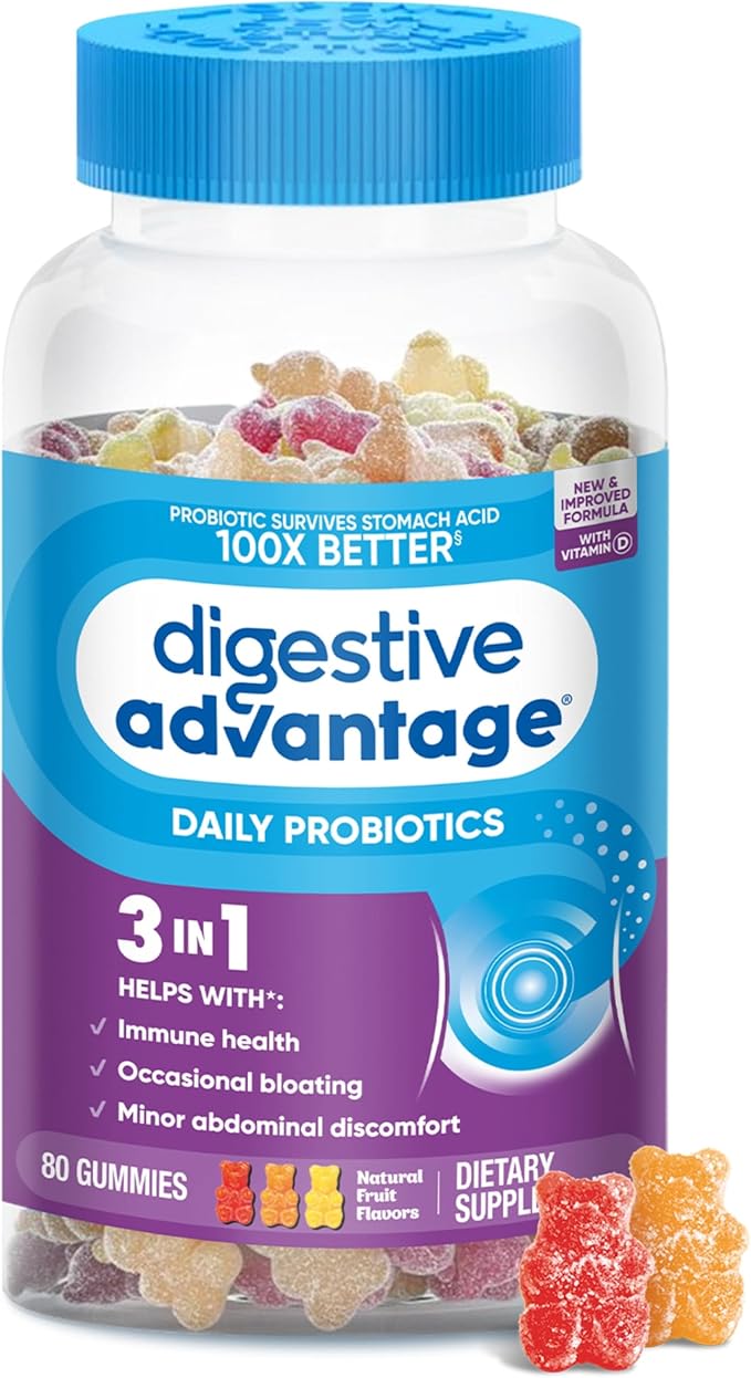 Digestive Advantage Probiotic Gummies For Digestive Health, Vitamin D, Daily Probiotics For Women &Men Occasional Bloating, Minor Abdominal Discomfort & Gut Health, 80ct Natural Fruit Flavors