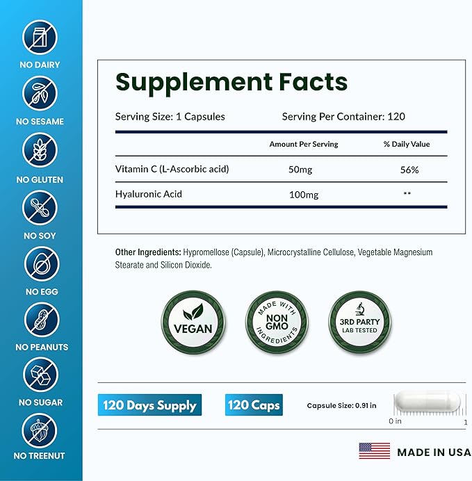 ForestLeaf Hyaluronic Acid Supplements | 100mg High Bioavailable Dietary Hyaluronic Acid Powder Capsules + 50mg VIT C | Supports Skin Hydration, Joint Lubrication, Anti-Aging, Hair & Nails | 120 Caps