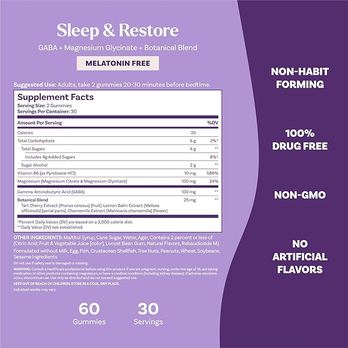 Natrol Sleep & Restore Magnesium Glycinate Blend Gummies,Magnesium for Sleep Aids for Adults,Melatonin-Free,Cherry Flavored,30 Day Supply,(Pack of 2)