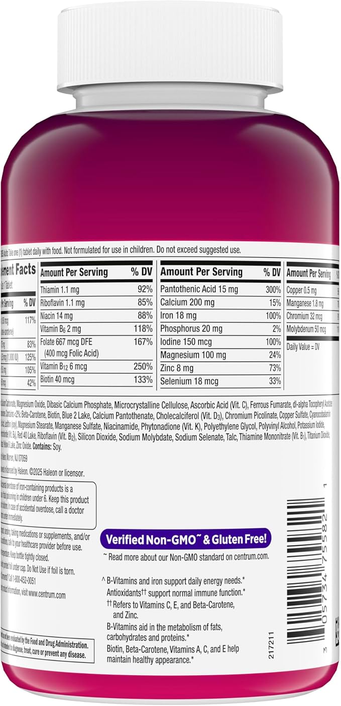 Centrum Multivitamin for Women, Multimineral Supplement with Iron, Vitamin D3, B Vitamins and Antioxidant Vitamins C and E, Gluten Free, Non-GMO Ingredients - 250 Count