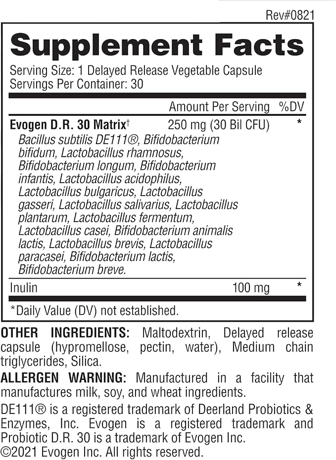Evogen Probiotic D.R. 30 | Delayed Release Gut Flora Optimizer | Supports Immunity, Digestion, & Health | 30 Billion CFUs | 30 Capsules