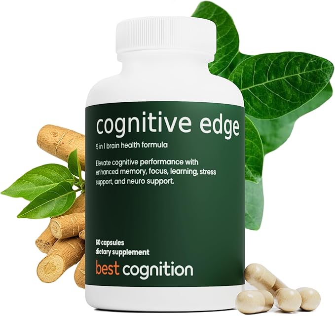 Cognitive Edge Bacopa Memory Supplement - Calm Focus, Daily Clarity & Retention - 7 Natural Ingredients Including L-Theanine, Ashwagandha, PQQ, Astaxanthin - Caffeine-Free Brain Support (60 Capsules)