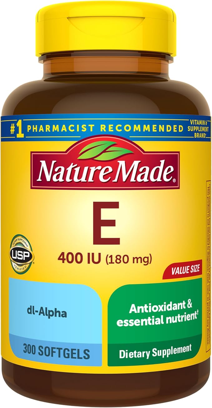 Nature Made Vitamin E 180 mg (400 IU) dl-Alpha, Dietary Supplement for Antioxidant and Skin Support, 300 Softgels, 300 Day Supply