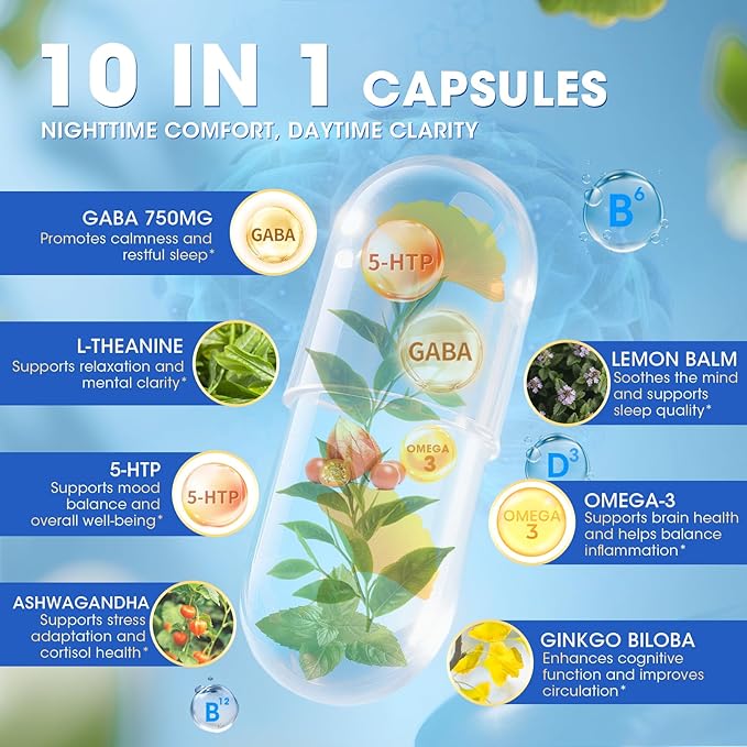 GABA Supplements 750mg with L Theanine, 5HTP, Ashwagandha, Lemon Balm, Ginkgo Biloba, Omega-3, 10 in 1 GABA Calm Capsules for Sleep, Relaxation, Focus, Mood Support, Cortisol Balance - 2 Pack