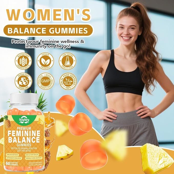 Suiyilary Feminine Probiotics Gummies, Vaginal Health & Women's pH Balance Gummy Supplement with Cranberry Pineapple Powder, Sugar Free Vegan, 60 Count (Pineapple)