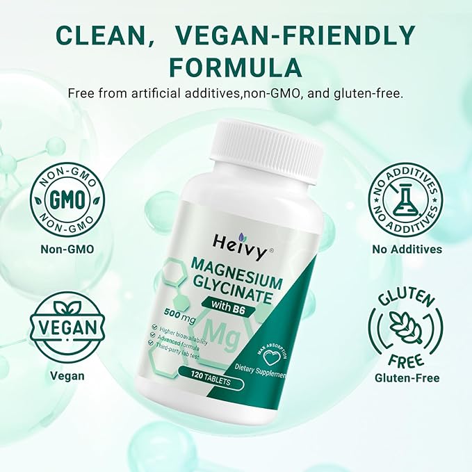Heivy Pure Magnesium Glycinate 500mg, 100% Chelated & Purified Supports Nerve Relife, Sleep Aid & Muscle Support, Vegan & Non-GMO, Made in USA, 3rd Party Tested, 120 Tablets