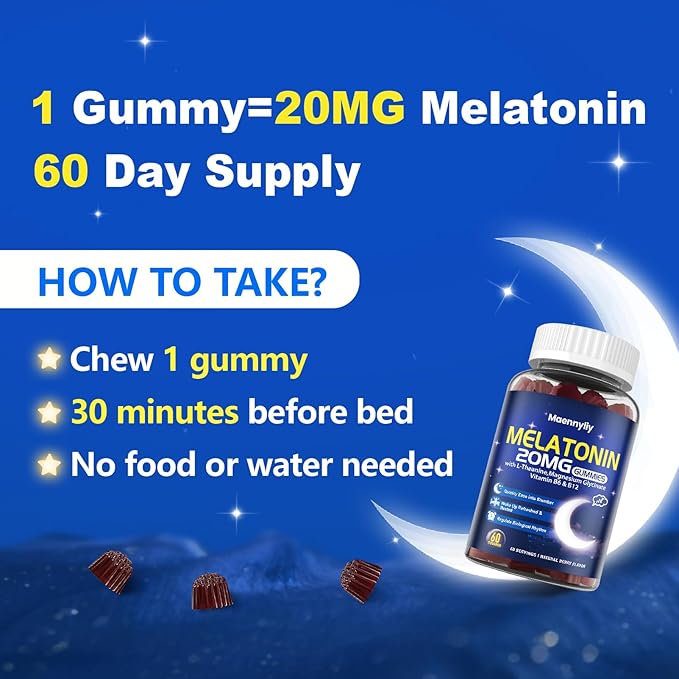 Maennyliy Melatonin 20mg Gummies for Adults - Sugar Free Melatonin Gummies Extra Strength with L-Theanine, Magnesium, Ashwagandha, Turmeric, D3 & Zinc - Non-Habit Forming