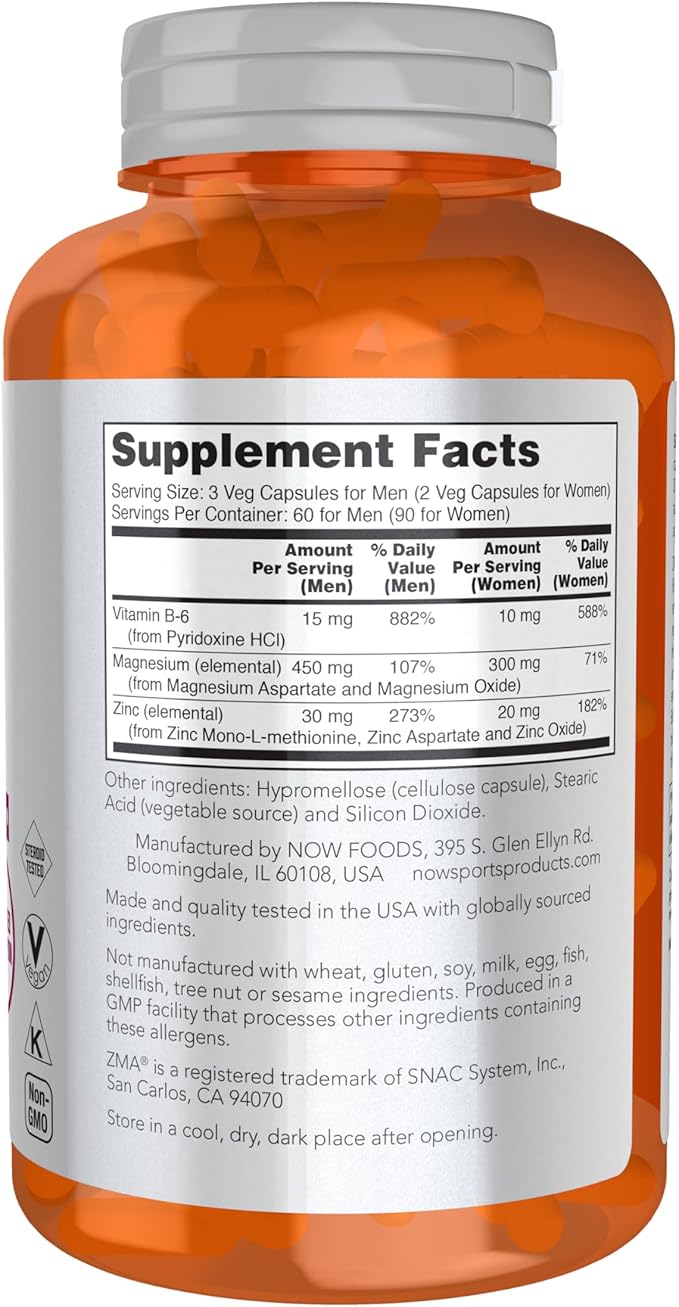 NOW Foods Sports Nutrition, ZMA (Zinc, Magnesium and Vitamin B-6), Enhanced Absorption, Sports Recovery*, 180 Capsules, (Pack of 2)