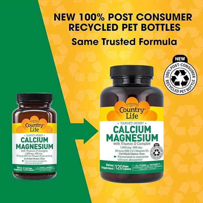 Country Life Target-Mins Calcium Magnesium with Vitamin D-Complex, 1000mg/500mg/10mcg, 120 Vegan Capsules, Certified Gluten Free, Certified Vegan, Verified Non-GMO Verified