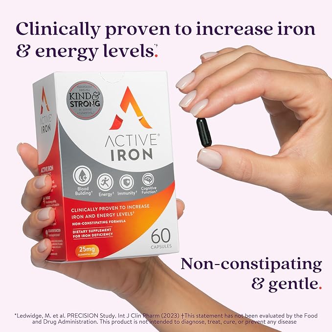 Active Iron Supplement 25mg, Clinically Proven to Increase Iron & Energy Levels, Maximum Absorption, Gentle, Non-Constipating, Avoids Nausea & Side Effects, 60 On-the-Go Foil Protected Capsules