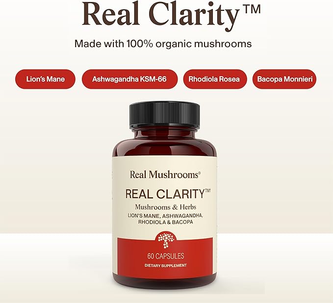 Real Mushrooms RealClarity Capsules – Lion’s Mane, KSM-66 Ashwagandha, Rhodiola & Bacopa – Mental Sharpness, Alertness. & Adaptogenic Support – Vegan, Non-GMO – 60 Count Mushroom Supplement