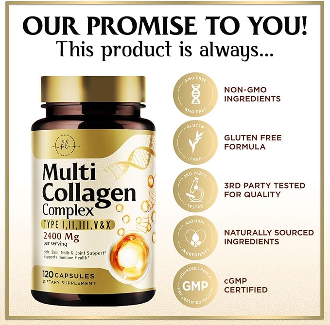 Multi Collagen Peptides for Women & Men - 2400mg per Serving - Best Hydrolyzed Collagen Complex with Type I, II, III, V, X - Hair, Skin, Nails & Joint Support Supplement - Bottled USA - 120 Capsules