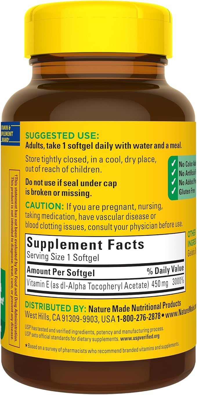 Nature Made Vitamin E 450 mg (1000 IU) dl-Alpha Softgels, 60 Count for Antioxidant Support (Pack of 3)