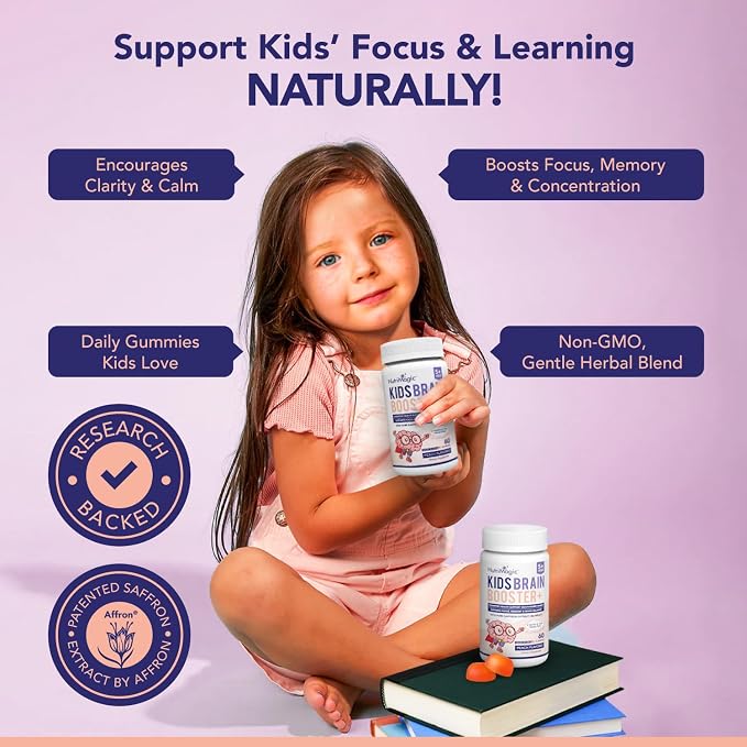 NutriMagic Kids Brain Booster+ Affron® Saffron Extract, 2IN1 Cognitive Support & Multivitamin D3, B6, B12, Zinc Gummies Supplement, Supports Focus, Attention, Memory, Mood Balance - 60 Peach Gummies