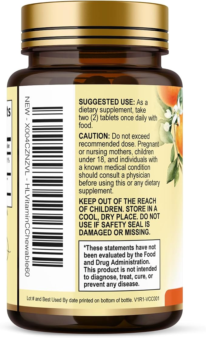 Vitamin C 1000mg Per Serving - Extra Strength with Rose Hips Bioflavonoids - Sugar Free Vitamin C Chewable Pills, Vit C Supplement for Immune Support & Antioxidant, USA Bottled - 60 Chewable Tablets