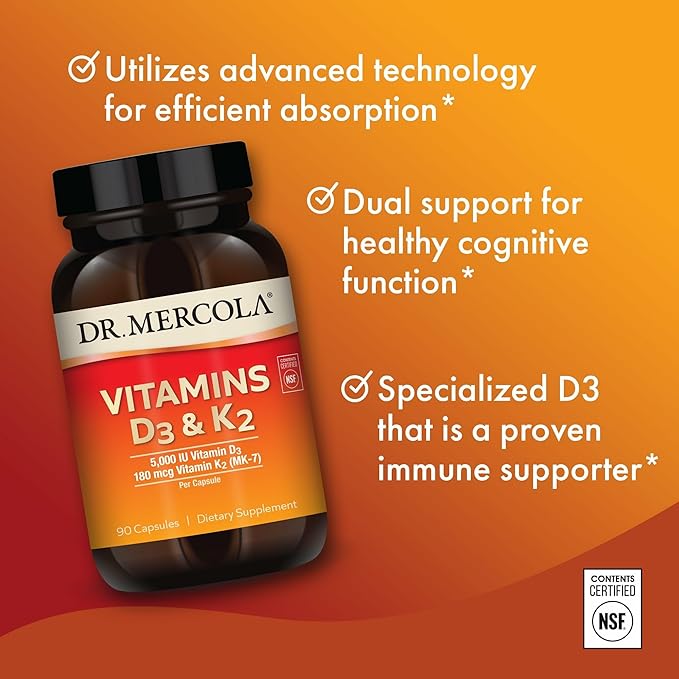 Dr. Mercola Vitamins D3 & K2 - Supports Immune, Brain, Cardiovascular, Respiratory & Bone Health - GMO-Free, Gluten-Free & Soy-Free - 90 Capsules (90 Servings)