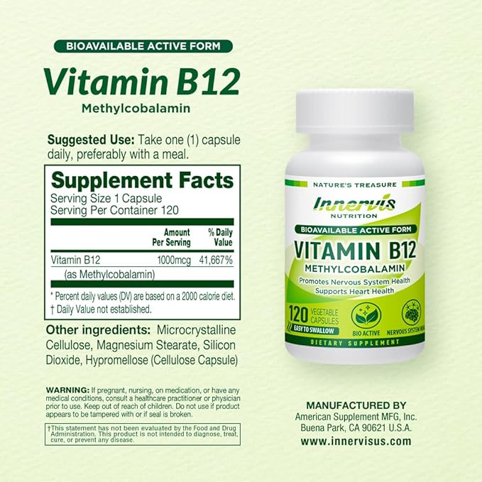 Methyl B12 1000mcg (120 Caps) High Absorption Methylcobalamin for Sustained Energy, Nerve & Heart Health* - Vegan Vitamin B12 by Innervis Nutrition