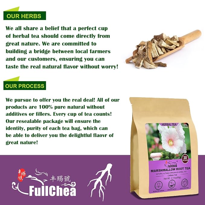 FullChea Marshmallow Root Tea, 2g X 30 Count, Premium Althaea Officinalis | Made of Natural Dried Cut & Sifted Loose Root, Non-GMO, Caffeine-free, Respiratory Support & Promote Digestion, Grassy Flavor