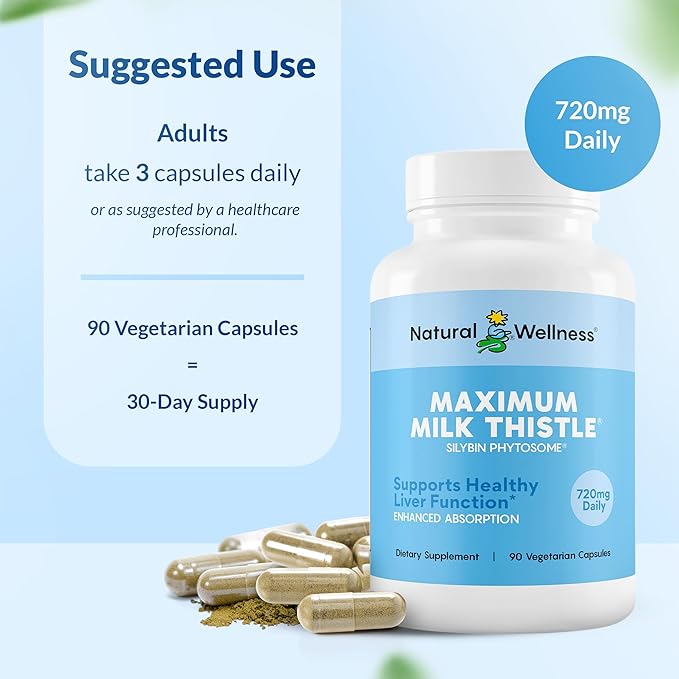 Maximum Milk Thistle Supplement for Liver Support – 720mg Silybin Phytosome (10X Absorption) – Liver Cleanse Detox & Repair, Enzyme Health – Vegan, Non-GMO, Gluten Free – 90 Capsules (30-Day Supply)