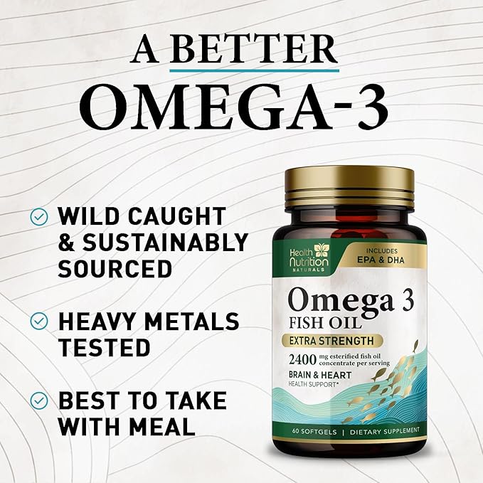 Omega 3 Fish Oil Supplements - 2400mg Fish Oil Per Serving - Triple Strength Omega-3 with EPA & DHA Fatty Acids - Natural Heart, Brain & Immune Support - Wild Caught, Bottled in USA - 60 Softgels