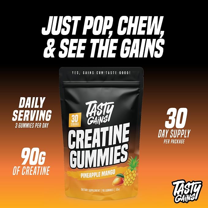 TASTY GAINS Creatine Gummies - 90g of Creatine Monohydrate - Workout Supplements - Build Muscle & Boost Strength for Men & Women - Made in USA - Non GMO - Vegan Friendly (Large, Pineapple Mango)