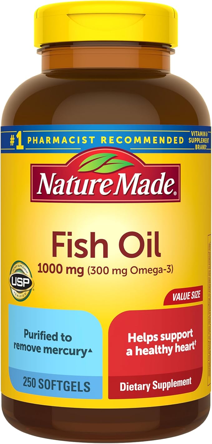 Nature Made Fish Oil Omega 3 Supplements, 1000mg Softgels, Omega 3 Fish Oil for Healthy Heart Support, 250 Softgels, 125 Day Supply