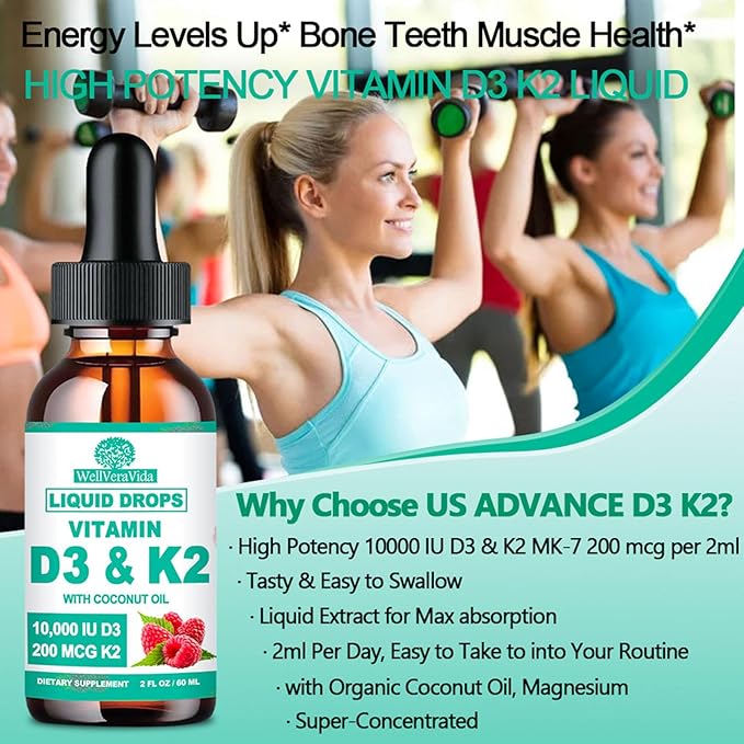 D3 K2 Vitamin 10000iu, Liquid Drop Vitamin D3 With K2 (MK-7)200mcg Coconut Oil, 6X Stronger Than D3 K2 Sofegels, Magnesium Zinc for Absorption -K2 D3 Vitamin Supplement for Joint Teeth & Bone Health