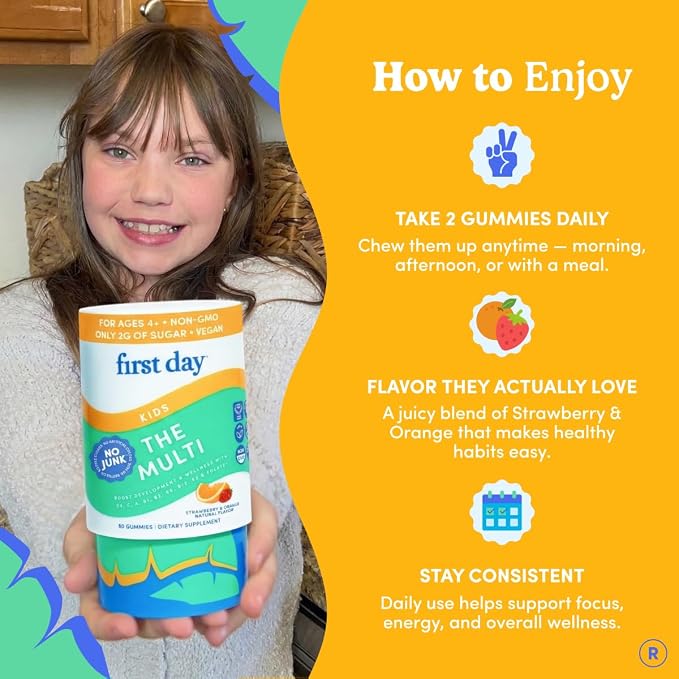First Day Kids Multivitamin Gummies Age 4+, Strawberry & Orange - Kids Vitamins Multivitamin Gummy A C D3 K2 B1 B2 B6 B12 Folate, Immunity & Brain Function, Vegan - 30 Day Supply, Packaging May Vary