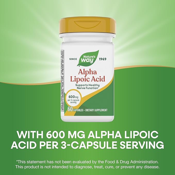 Nature's Way Alpha Lipoic Acid, Supports Healthy Nerve Function & Antioxidant Pathways*, 600 mg per 3-Capsule Serving, 60 Capsules (Packaging May Vary)